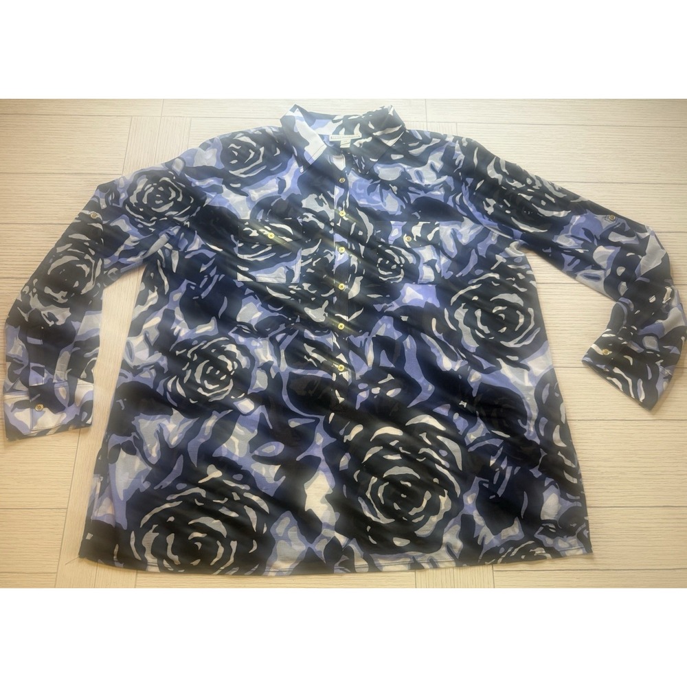 Dana Buchman black purple floral long sleeve Blouse W/ Gold Buttons. Poly. Sz XL